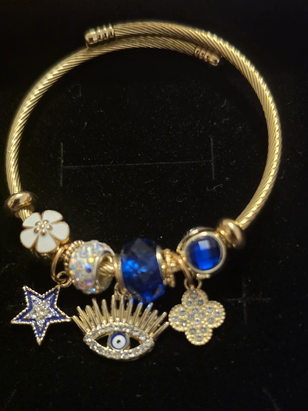 Gold-Plated Blue Charm Bracelet with Eye & Flower Charms